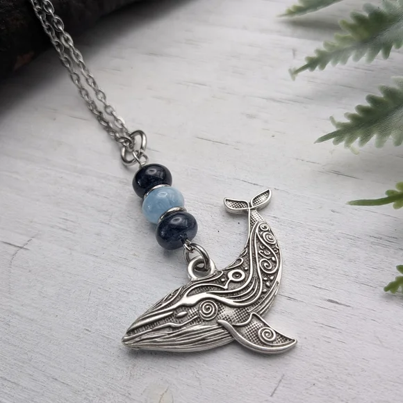 Silver Whale Pendant Necklace with Blue Accents - Picture 3 of 5